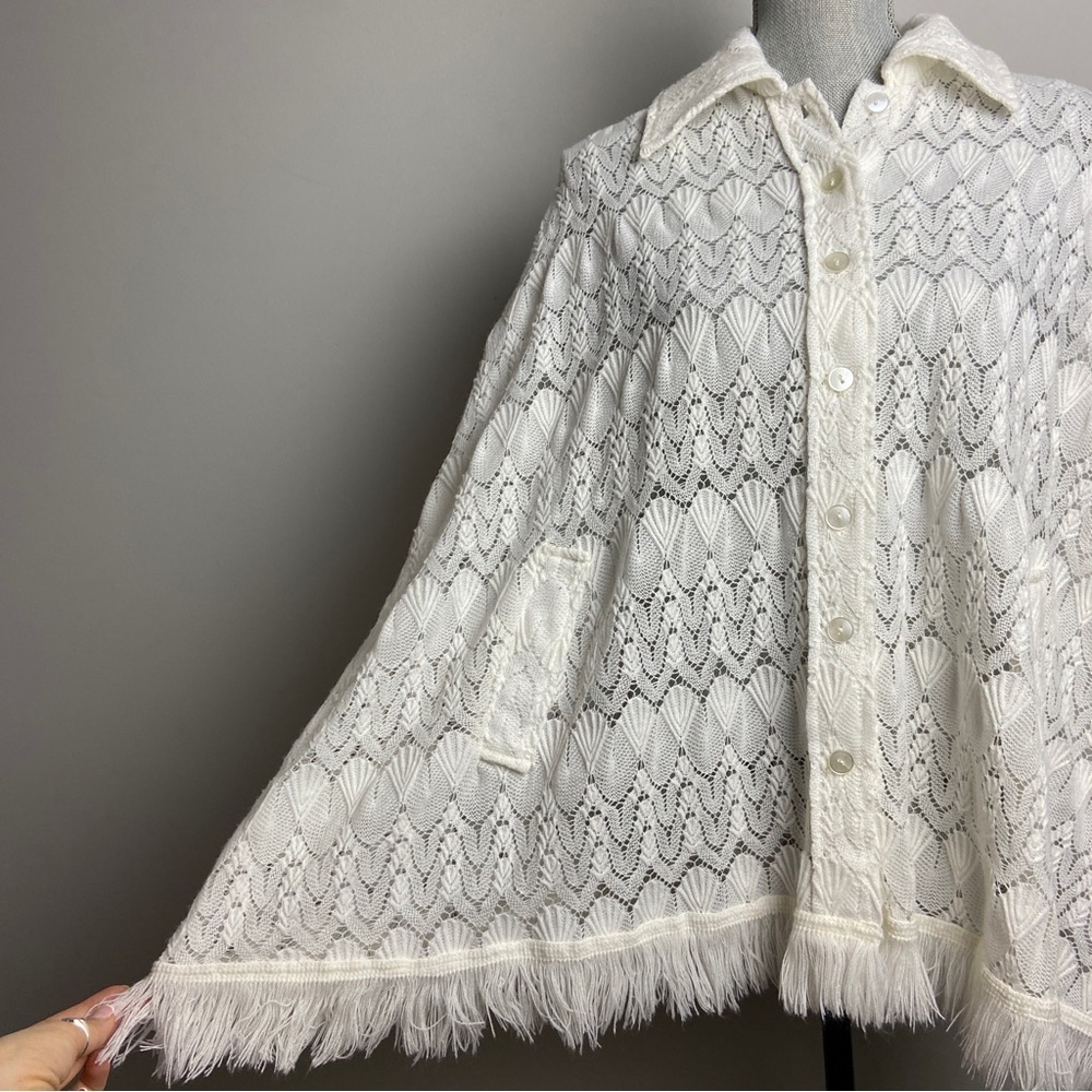 Vintage Crochet White Cape Poncho. Button Down with Collar. White Knit Shawl